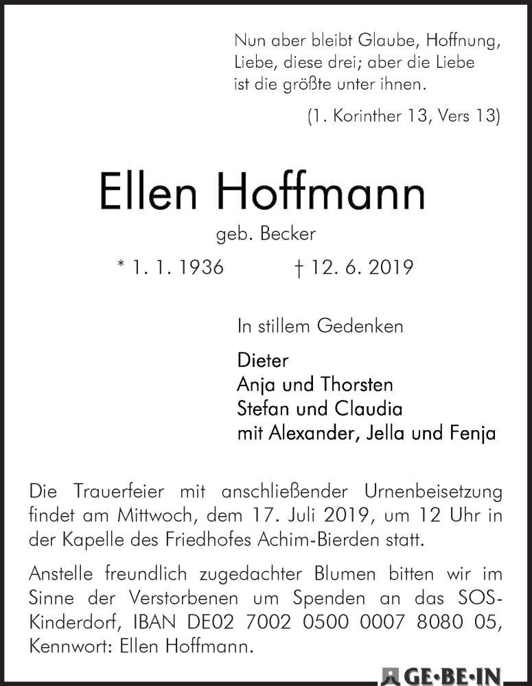 Traueranzeige von Ellen Hoffmann von Achimer Kurier/Verdener Nachrichten