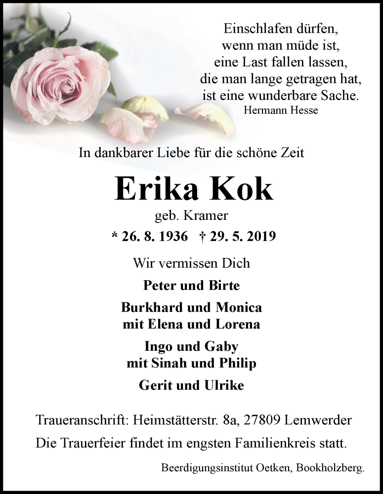 Traueranzeige von Erika Kok von WESER-KURIER