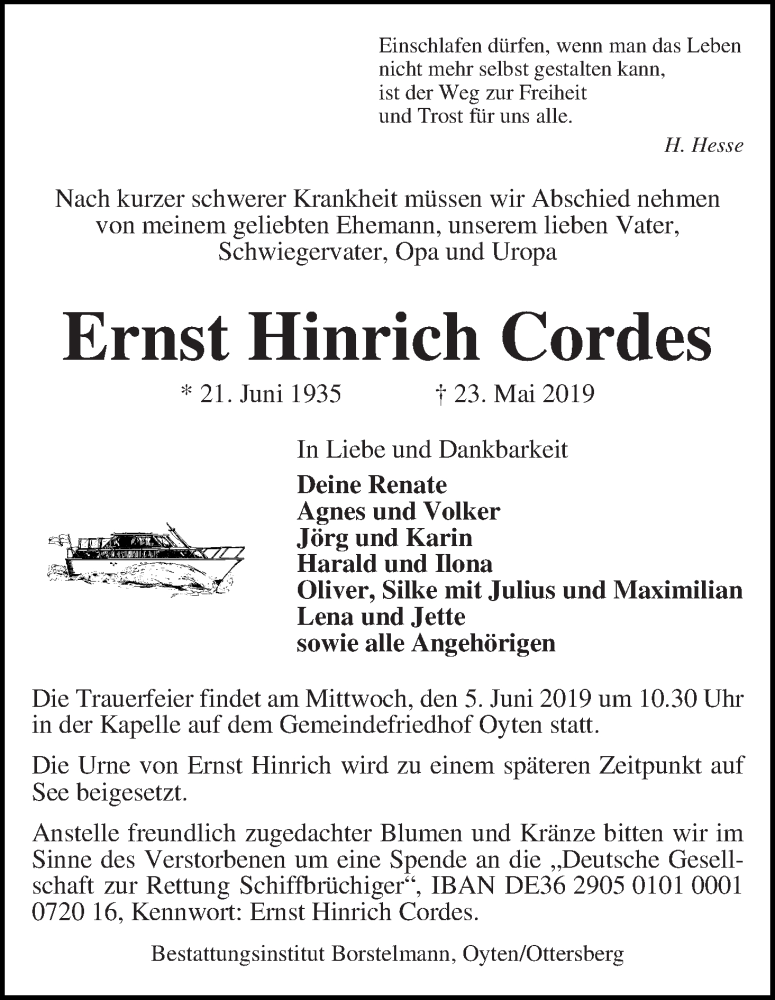 Traueranzeige von Ernst Hinrich Cordes von WESER-KURIER