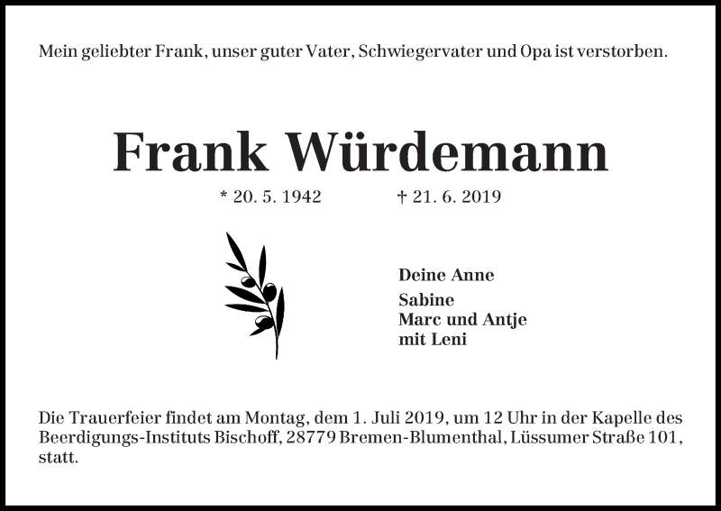 Traueranzeige von Frank Würdemann von Die Norddeutsche