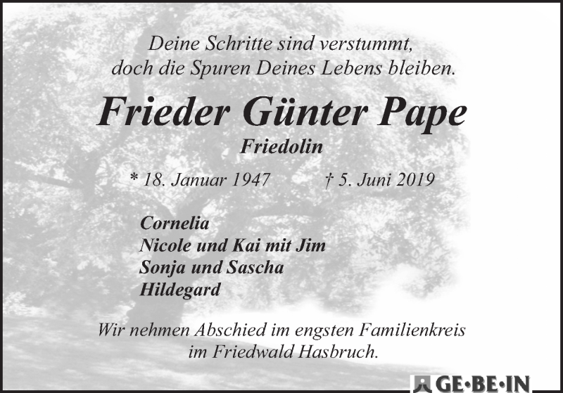 Traueranzeige von Frieder Günter 