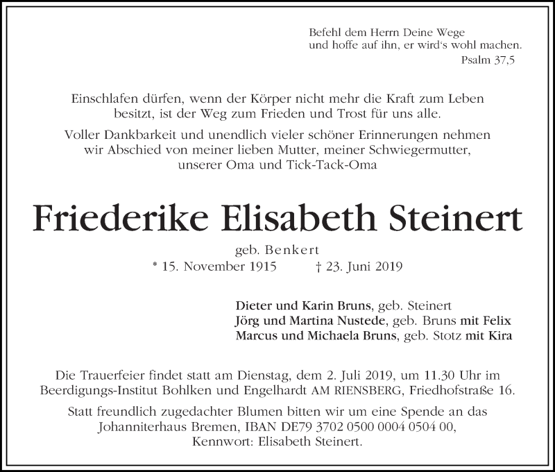 Traueranzeige von Friederike Elisabeth Steinert von WESER-KURIER