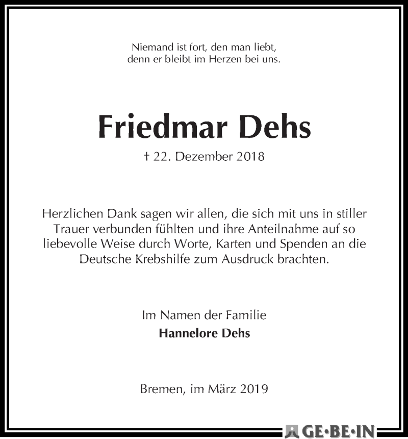 Traueranzeige von Friedmar Dehs von WESER-KURIER