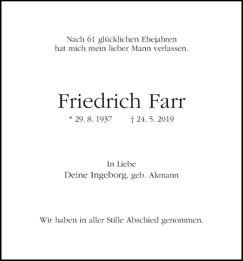 Traueranzeige von Friedrich Farr von WESER-KURIER