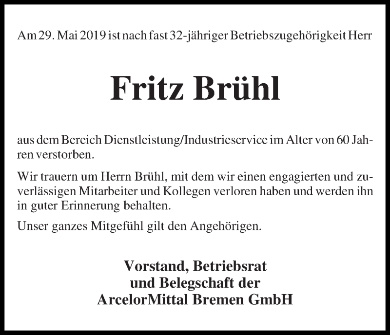 Traueranzeige von Fritz Brühl von WESER-KURIER