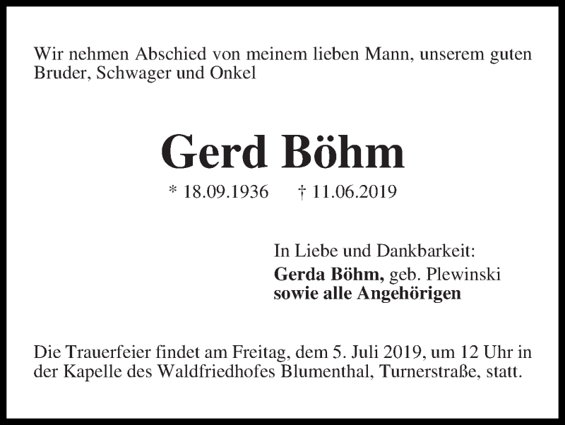 Traueranzeige von Gerd Böhm von Die Norddeutsche