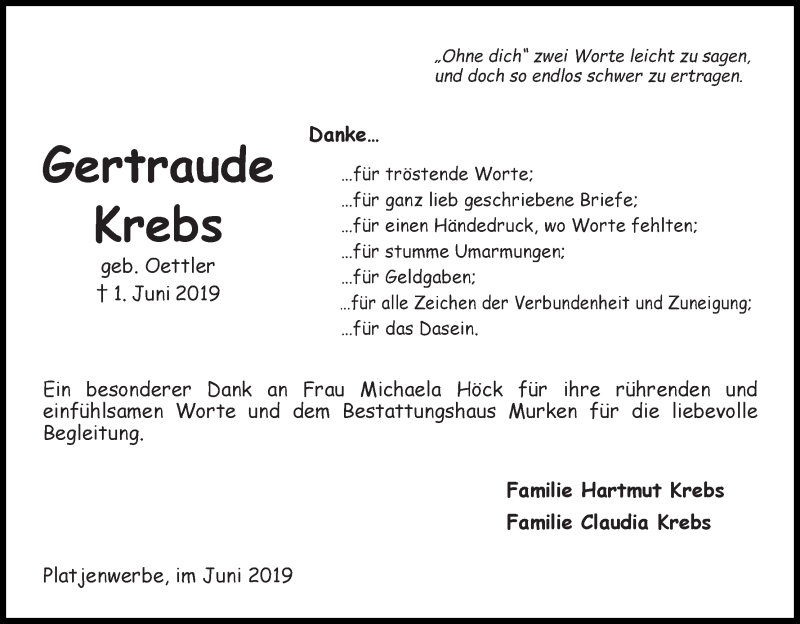 Traueranzeige von Gertraude Krebs von Osterholzer Kreisblatt