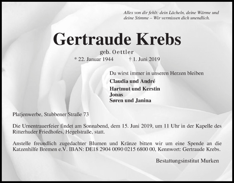 Traueranzeige von Gertraude Krebs von Osterholzer Kreisblatt