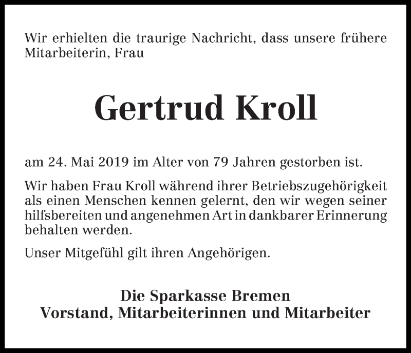 Traueranzeige von Gertrud Kroll von WESER-KURIER