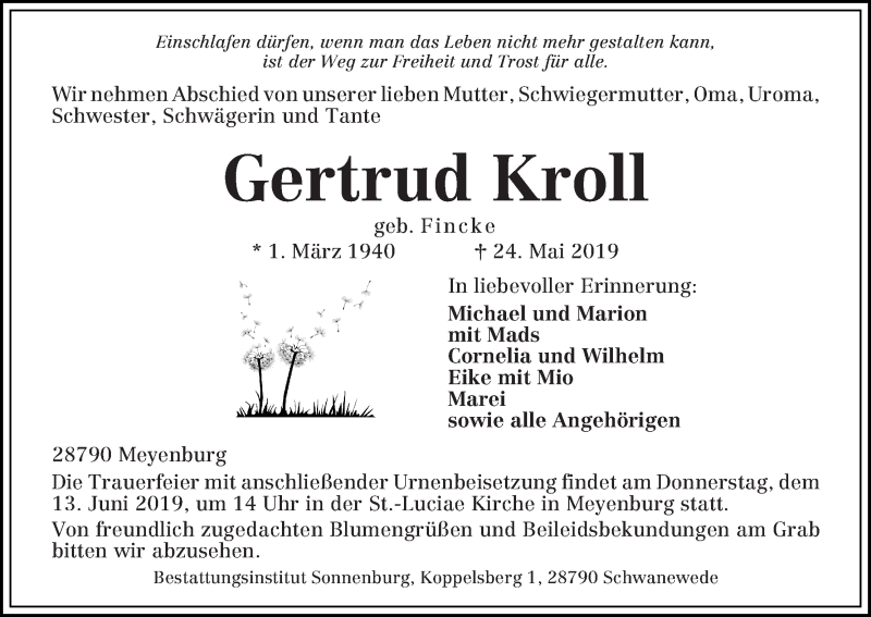 Traueranzeige von Gertrud Kroll von Die Norddeutsche