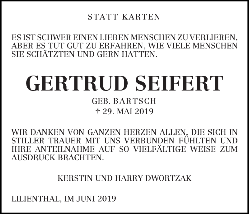 Traueranzeige von Gertrud Seifert von Wuemme Zeitung