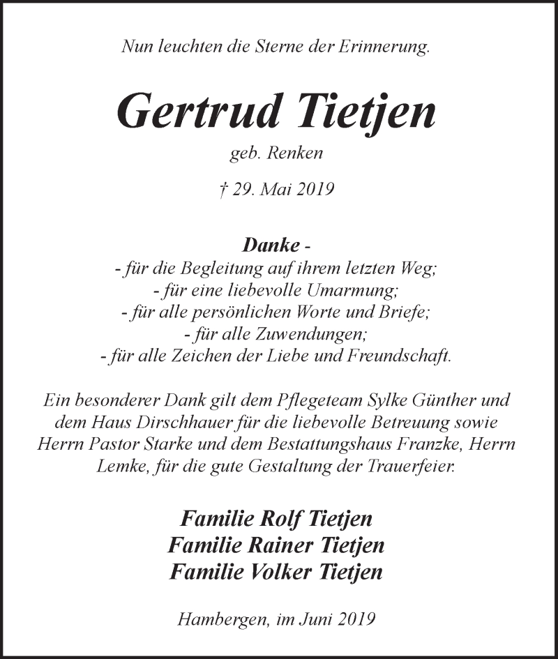 Traueranzeige von Gertrud Tietjen von Osterholzer Kreisblatt