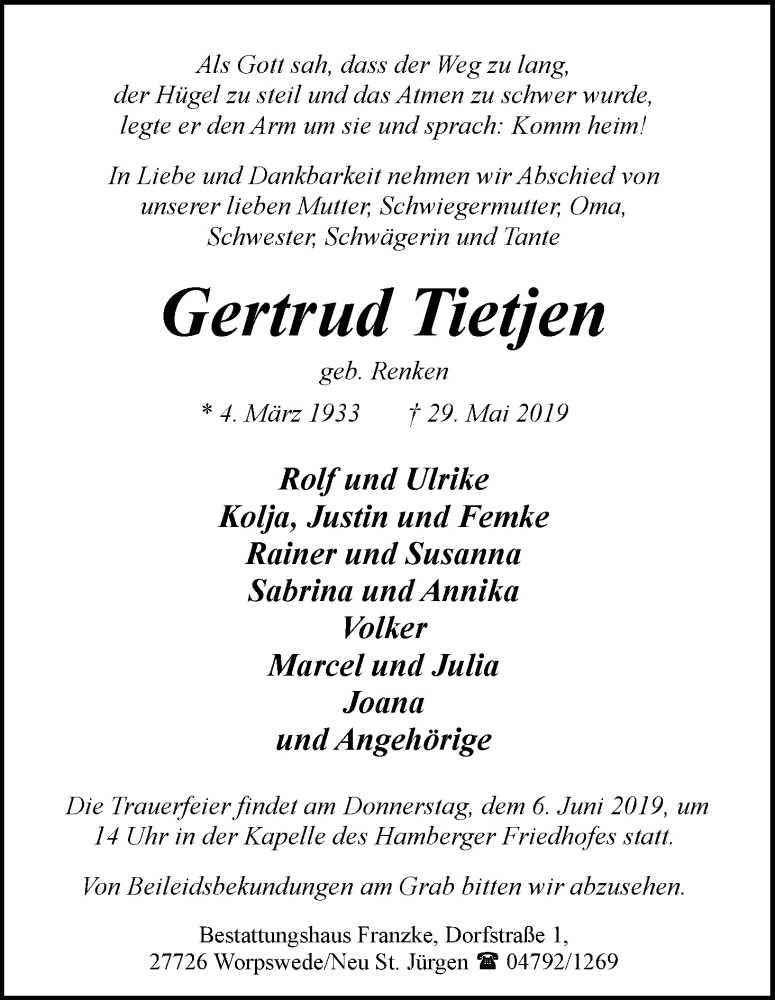 Traueranzeige von Gertrud Tietjen von Osterholzer Kreisblatt