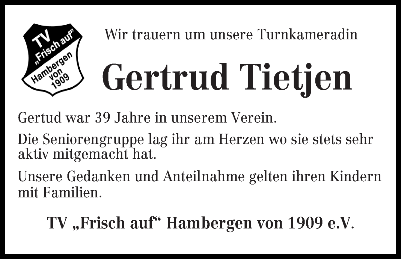 Traueranzeige von Gertud Tietjen von Osterholzer Kreisblatt
