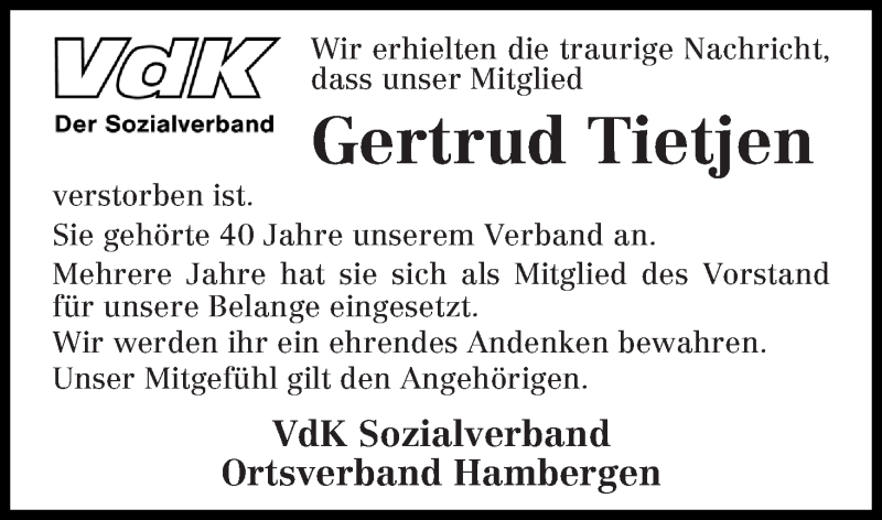Traueranzeige von Gertud Tietjen von Osterholzer Kreisblatt