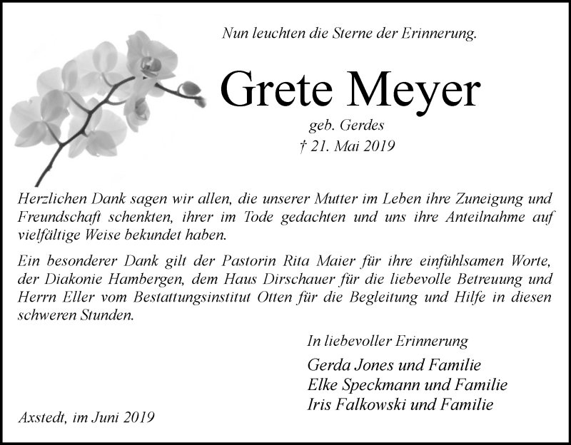 Traueranzeige von Grete Meyer von Osterholzer Kreisblatt