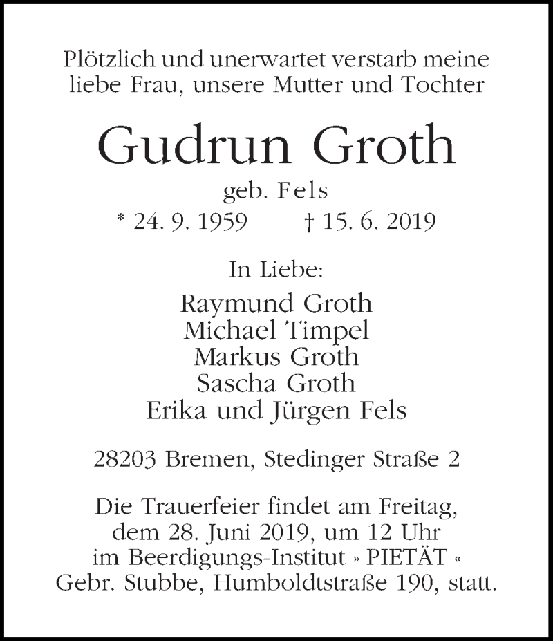 Traueranzeige von Gudrun Groth von WESER-KURIER