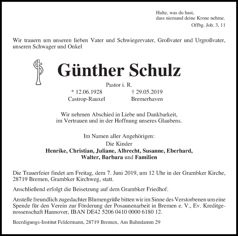 Traueranzeige von Günther Schulz von WESER-KURIER
