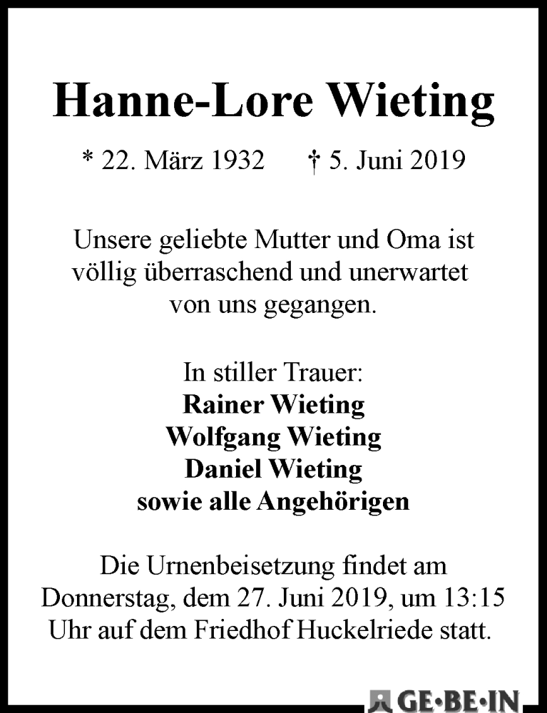 Traueranzeige von Hanne-Lore Wieting von WESER-KURIER