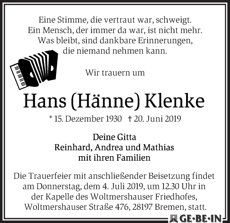 Traueranzeige von Hans (Hänne) Klenke von WESER-KURIER