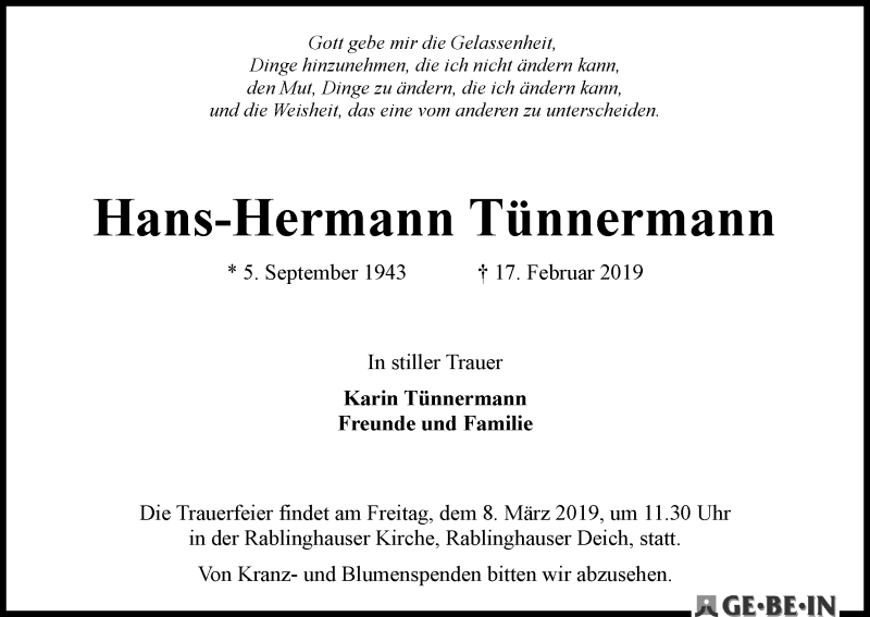 Traueranzeige von Hans-Hermann Tünnermann von WESER-KURIER