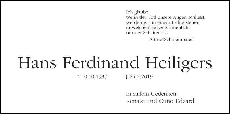 Traueranzeige von Hans Ferdinand Heiligers von WESER-KURIER