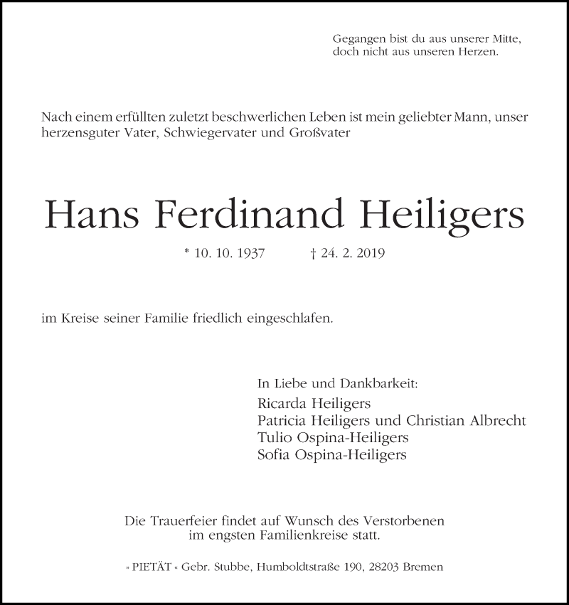 Traueranzeige von Hans Ferdinand Heiligers von WESER-KURIER