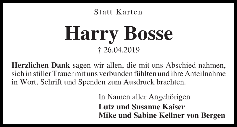 Traueranzeige von Harry Bosse von WESER-KURIER