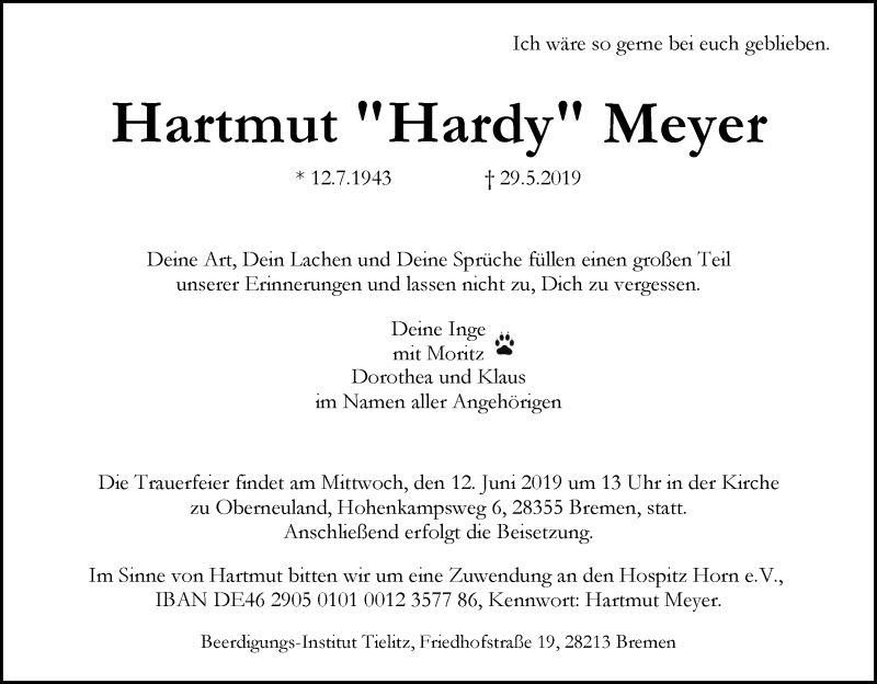 Traueranzeige von Hartmut 