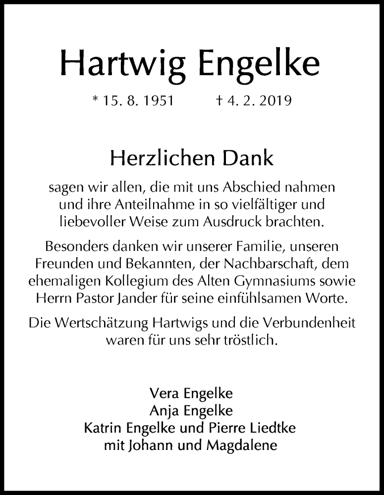 Traueranzeige von Hartwig Engelke von WESER-KURIER