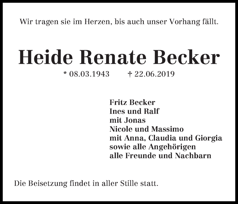 Traueranzeige von Heide Renate Becker von Die Norddeutsche