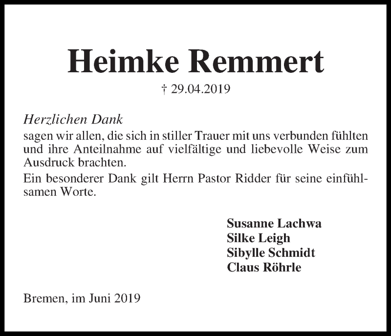 Traueranzeige von Heimke Remmert von Die Norddeutsche