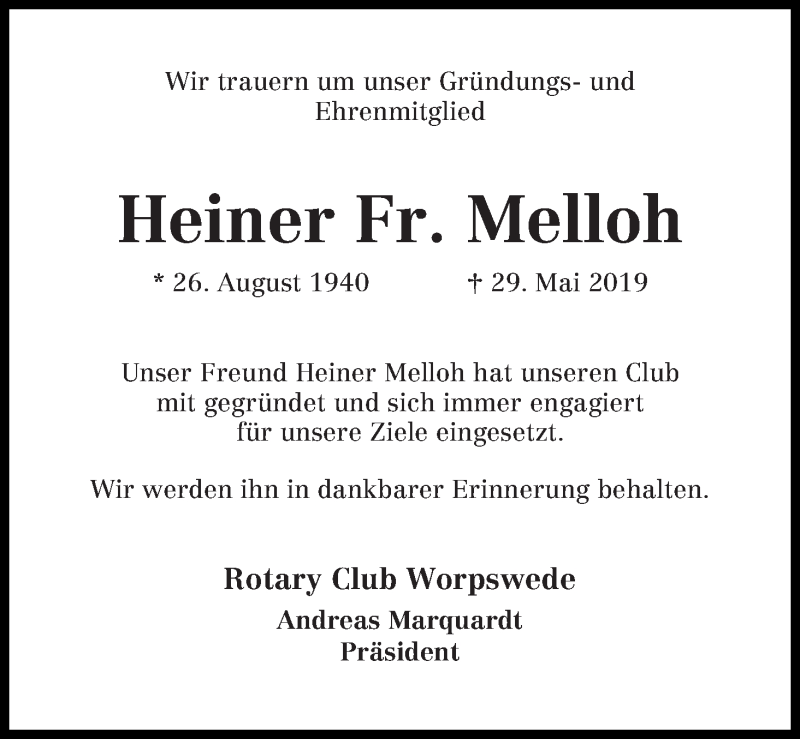 Traueranzeige von Heiner Fr. Melloh von Wuemme Zeitung