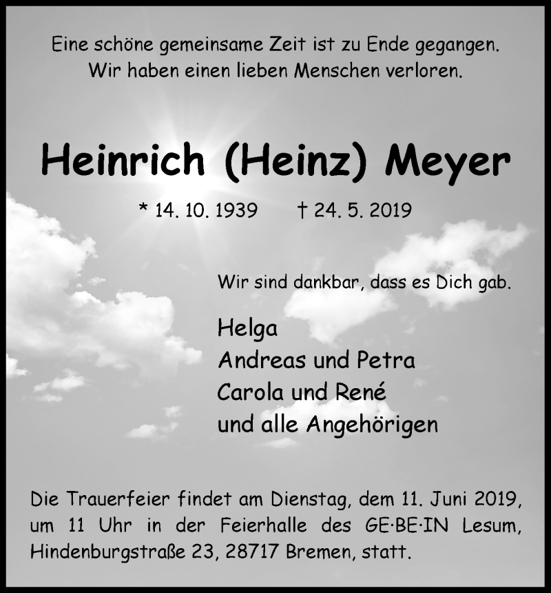 Traueranzeige von Heinrich (Heinz) Meyer von Die Norddeutsche