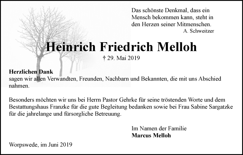 Traueranzeige von Heinrich Freidrich Melloh von Wuemme Zeitung
