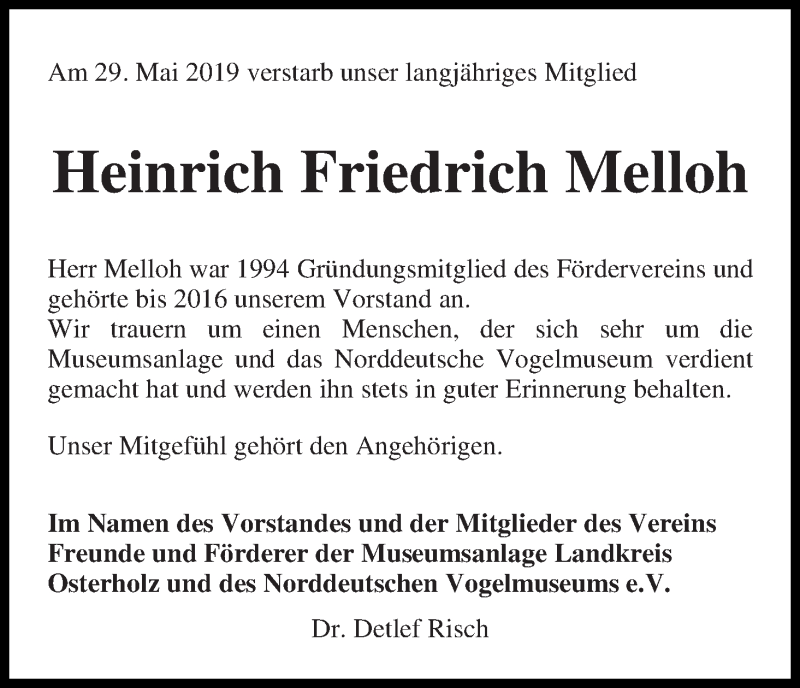 Traueranzeige von Heinrich Friedrich Melloh von Osterholzer Kreisblatt