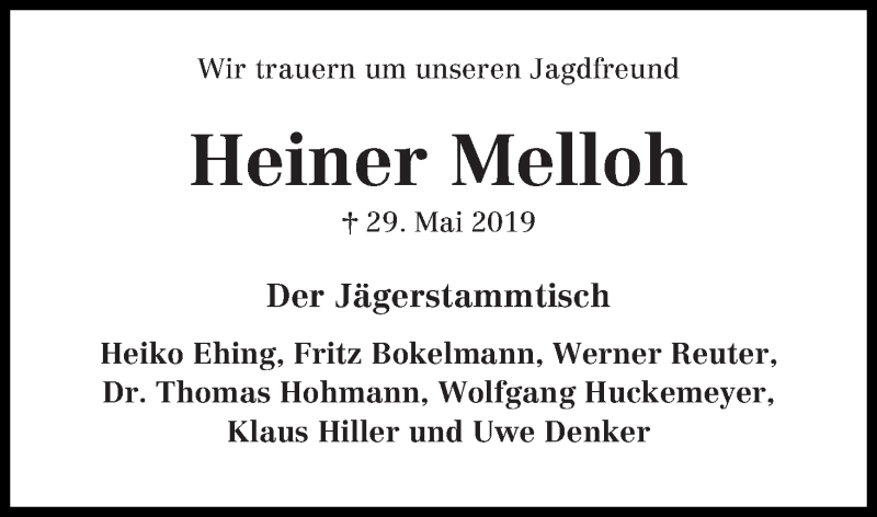 Traueranzeige von Heinrich Friedrich Melloh von Osterholzer Kreisblatt