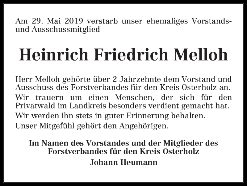 Traueranzeige von Heinrich Friedrich Melloh von Osterholzer Kreisblatt