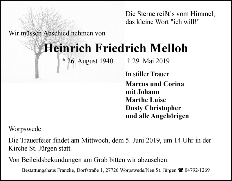 Traueranzeige von Heinrich Friedrich Melloh von Wuemme Zeitung