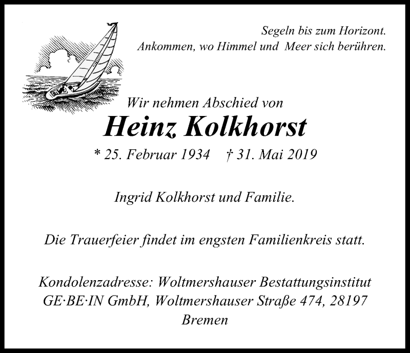 Traueranzeige von Heinz Kolkhorst von WESER-KURIER