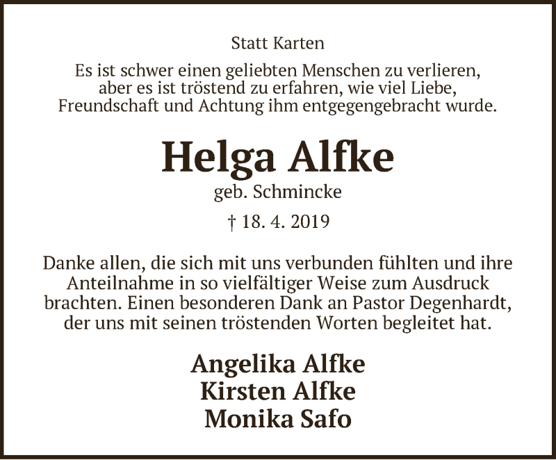 Traueranzeige von Helga Alfke von WESER-KURIER