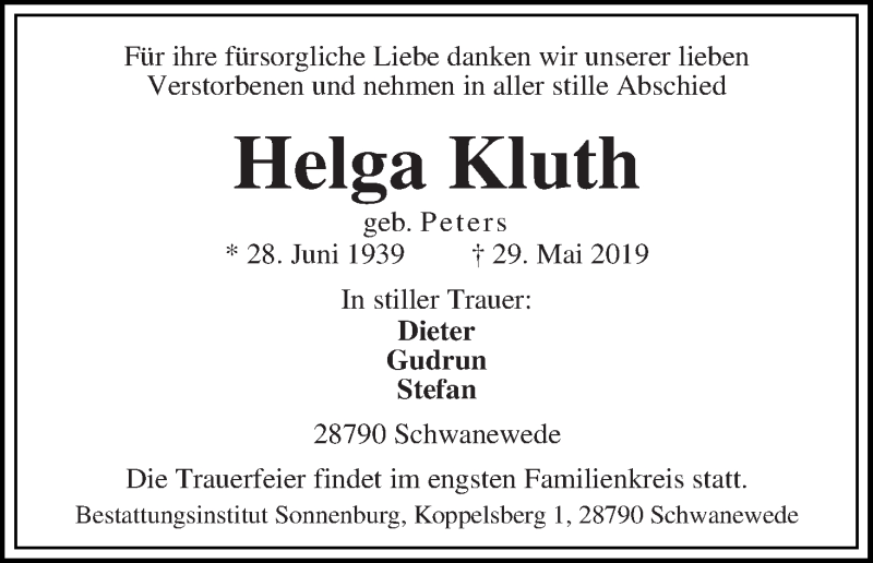 Traueranzeige von Helga Kluth von Die Norddeutsche