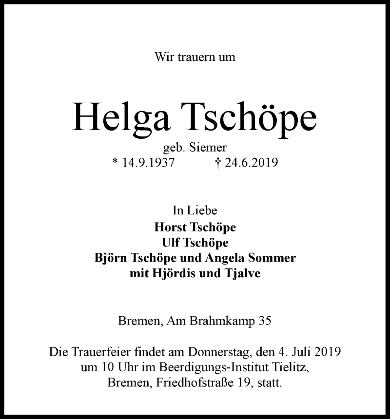 Traueranzeige von Helga Tschöpe von WESER-KURIER