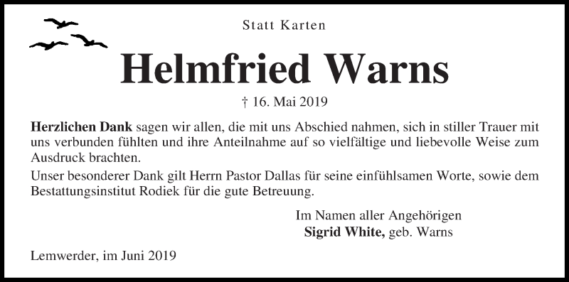 Traueranzeige von Helmfried Warns von Die Norddeutsche