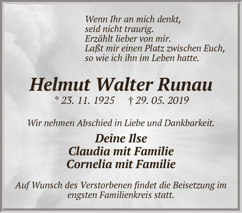 Traueranzeige von Helmut Walter Runau von WESER-KURIER