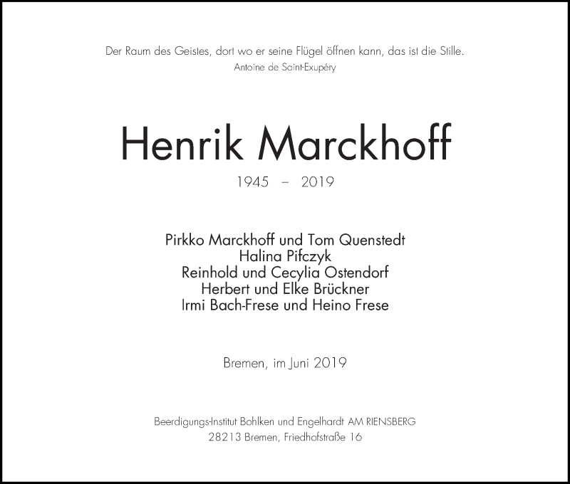 Traueranzeige von Henrik Marckhoff von WESER-KURIER
