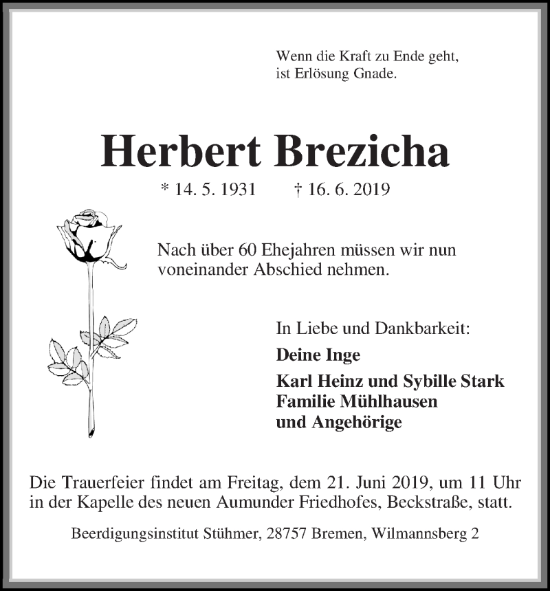 Traueranzeige von Herbert Brezicha von Die Norddeutsche