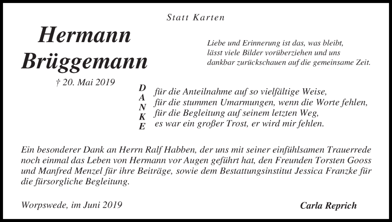Traueranzeige von Hermann Brüggemann von Wuemme Zeitung