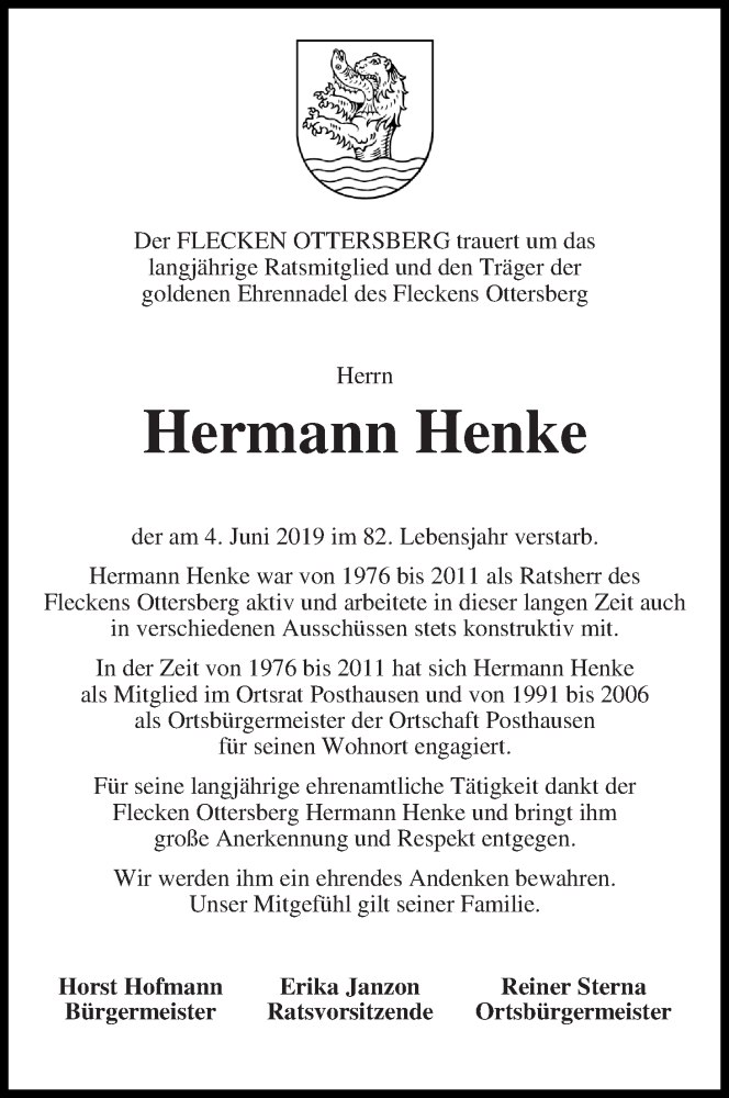 Traueranzeige von Hermann Henke von Achimer Kurier/Verdener Nachrichten