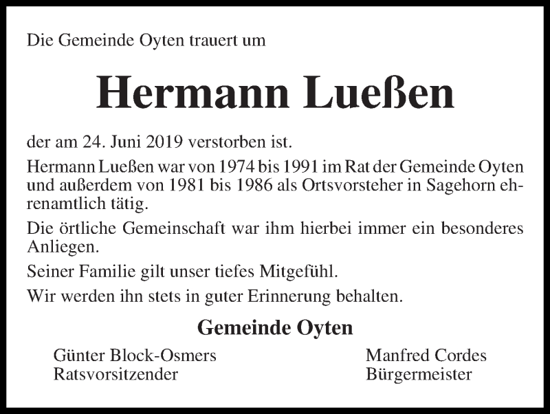 Traueranzeige von Hermann Lueßen von Achimer Kurier/Verdener Nachrichten